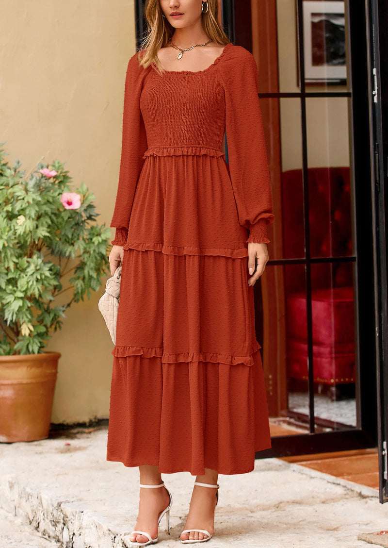 PRETTYGARDEN Women Fall Long Sleeve Smocked Maxi Dress Casual Square Neck Swiss Dot Tiered Ruffle Flowy Spring Pocket Dresses