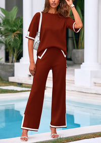 Casual Short Sleeve Knit Sweater Tops Wide Leg Pants 2 Piece Sets