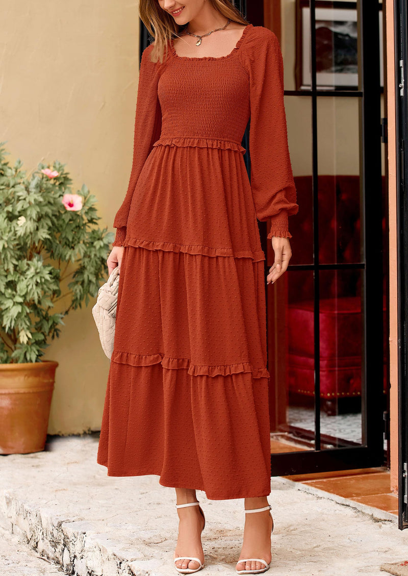 PRETTYGARDEN Women Fall Long Sleeve Smocked Maxi Dress Casual Square Neck Swiss Dot Tiered Ruffle Flowy Spring Pocket Dresses