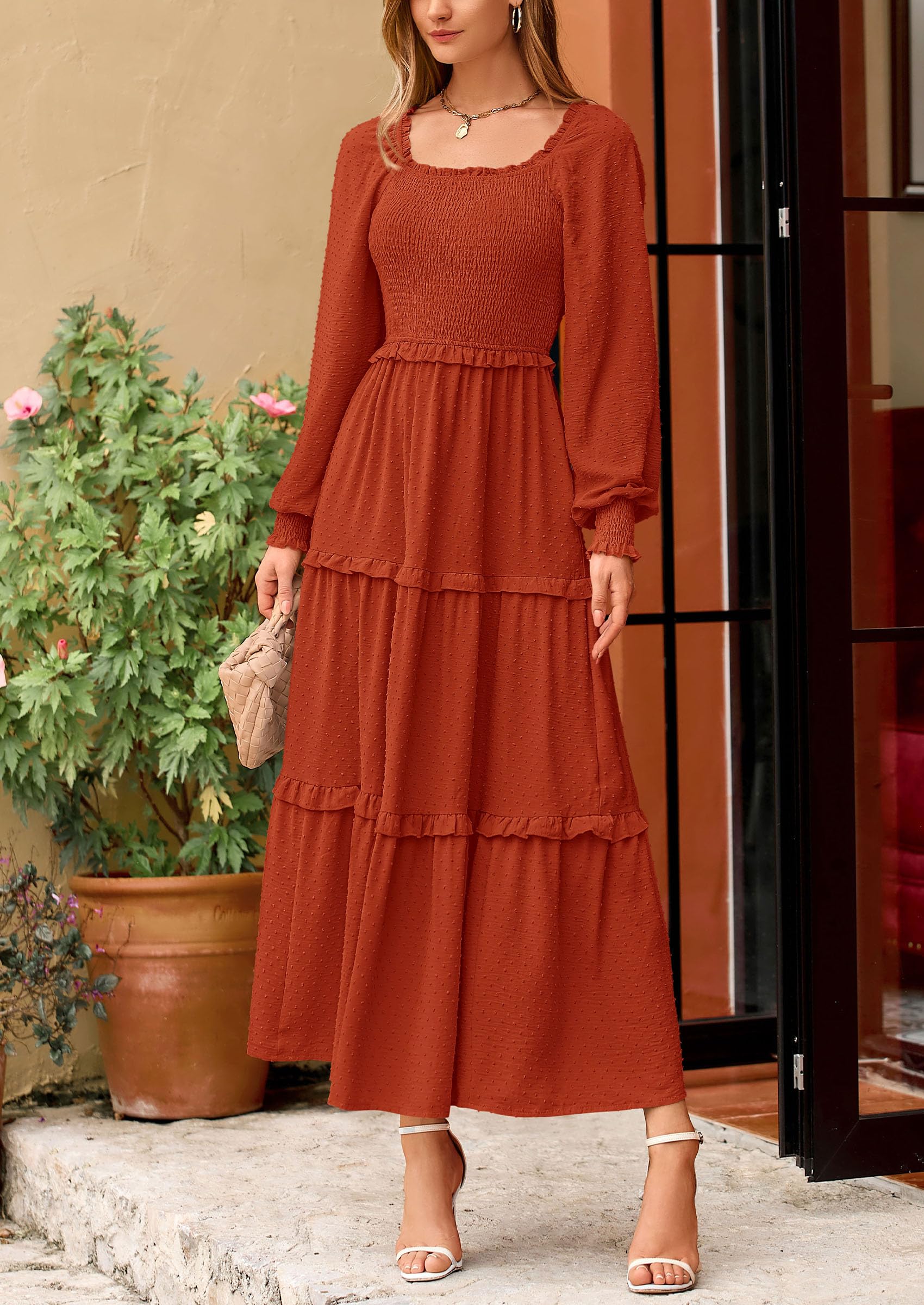 PRETTYGARDEN Women Fall Long Sleeve Smocked Maxi Dress Casual Square Neck Swiss Dot Tiered Ruffle Flowy Spring Pocket Dresses