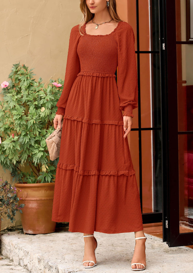 PRETTYGARDEN Women Fall Long Sleeve Smocked Maxi Dress Casual Square Neck Swiss Dot Tiered Ruffle Flowy Spring Pocket Dresses