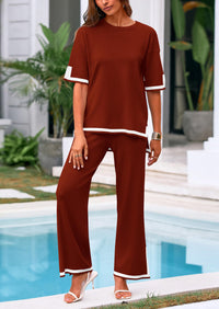 Casual Short Sleeve Knit Sweater Tops Wide Leg Pants 2 Piece Sets
