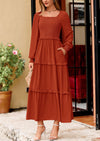 PRETTYGARDEN Women Fall Long Sleeve Smocked Maxi Dress Casual Square Neck Swiss Dot Tiered Ruffle Flowy Spring Pocket Dresses