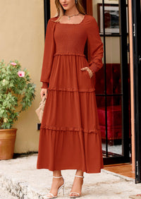 PRETTYGARDEN Women Fall Long Sleeve Smocked Maxi Dress Casual Square Neck Swiss Dot Tiered Ruffle Flowy Spring Pocket Dresses