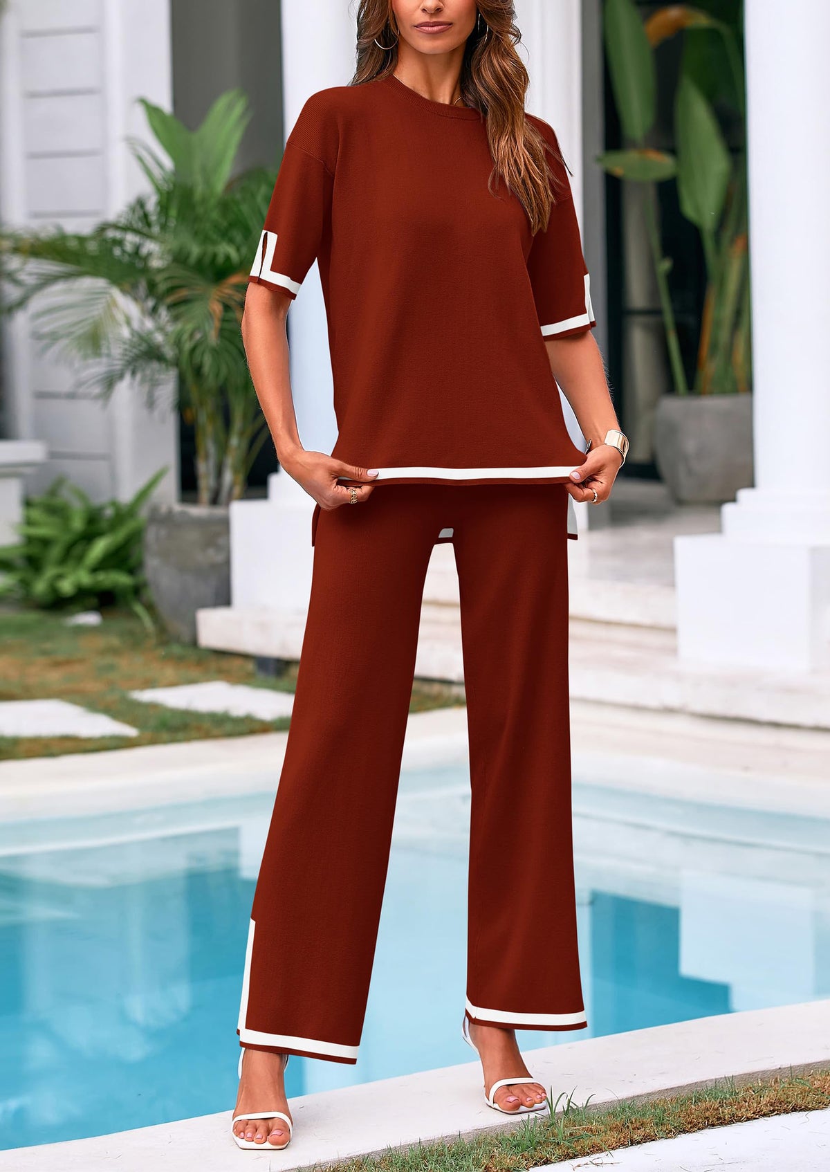 Casual Short Sleeve Knit Sweater Tops Wide Leg Pants 2 Piece Sets