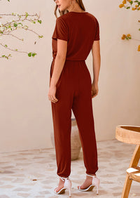Deep V Neck Wrap Drawstring Waist Jumpsuits
