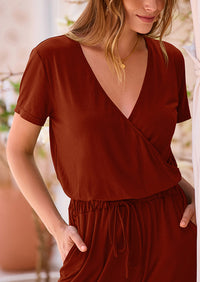 Deep V Neck Wrap Drawstring Waist Jumpsuits