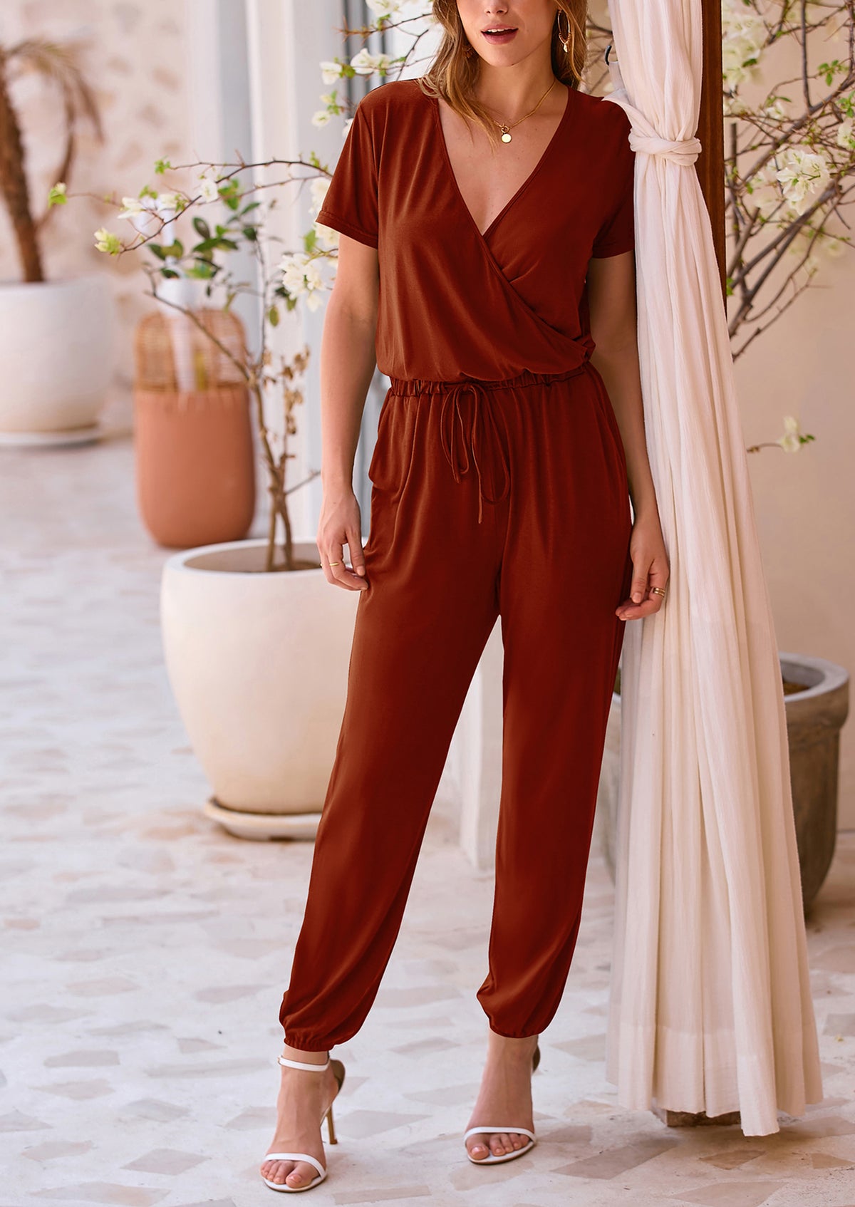 Deep V Neck Wrap Drawstring Waist Jumpsuits