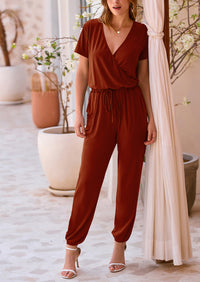 Deep V Neck Wrap Drawstring Waist Jumpsuits