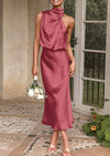 PRETTYGARDEN Women's Summer Satin Dress Elegant Sleeveless Mock Neck Cocktail Party Maxi Dresses