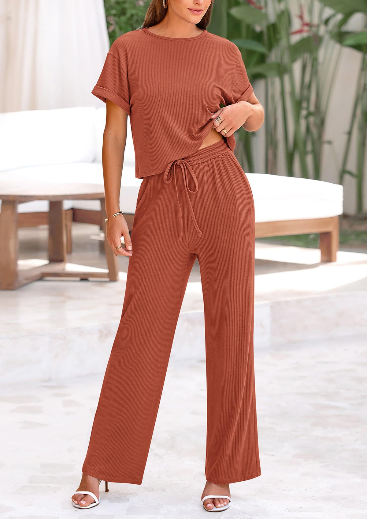 Short Sleeve T-Shirt Wide Leg Pants Two Piece Sets