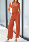 PRETTYGARDEN Casual Short Sleeve Square Neck Wide Leg Jumpsuit Rompers