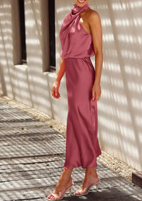 Satin sleeveless stand up collar party long dress