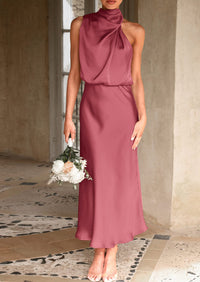 Satin sleeveless stand up collar party long dress