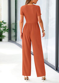 PRETTYGARDEN Casual Short Sleeve Square Neck Wide Leg Jumpsuit Rompers
