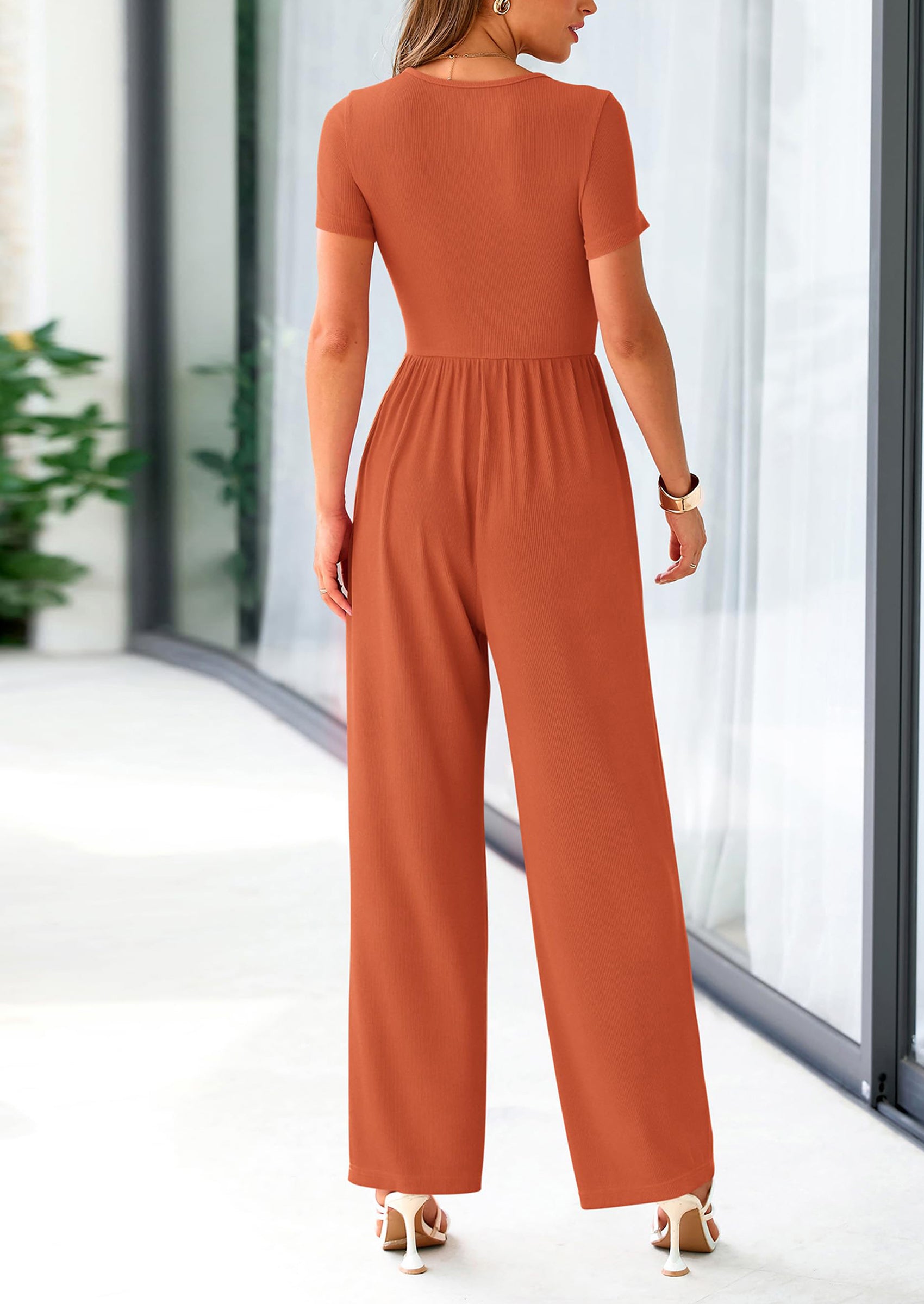 PRETTYGARDEN Casual Short Sleeve Square Neck Wide Leg Jumpsuit Rompers