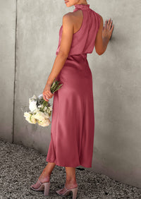 Satin sleeveless stand up collar party long dress