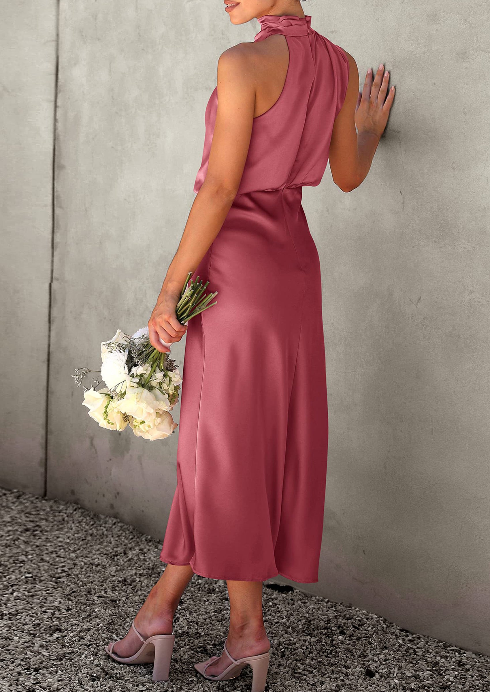 PRETTYGARDEN Women's Summer Satin Dress Elegant Sleeveless Mock Neck Cocktail Party Maxi Dresses