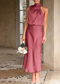 Satin sleeveless stand up collar party long dress