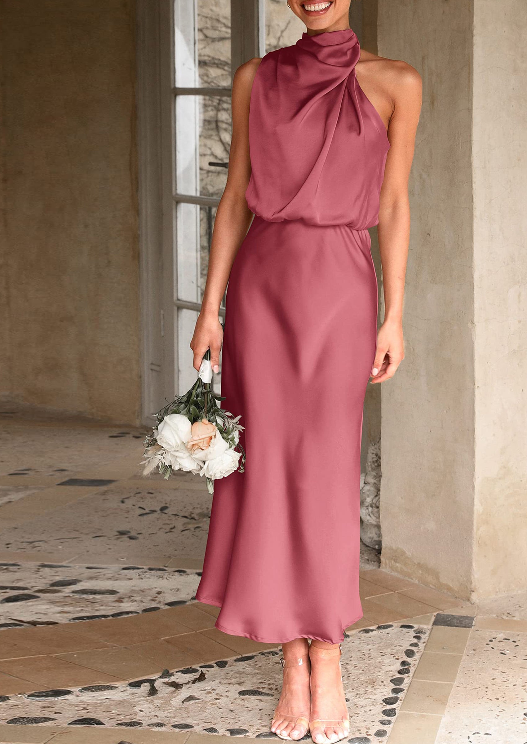 PRETTYGARDEN Women's Summer Satin Dress Elegant Sleeveless Mock Neck Cocktail Party Maxi Dresses