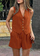 Button Down V Neck Vest Sleeveless Tops And Pockets Shorts 2 Piece Suits Sets