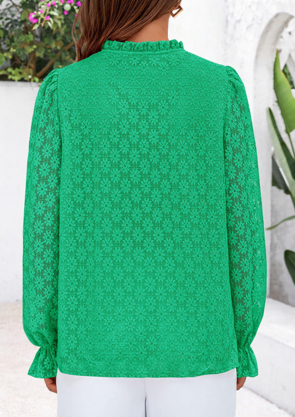Eyelet Long Sleeve Casual Hollow Out Button Up Lace Blouse
