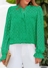 Eyelet Long Sleeve Casual Hollow Out Button Up Lace Blouse