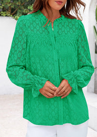 Eyelet Long Sleeve Casual Hollow Out Button Up Lace Blouse