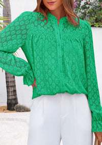 Eyelet Long Sleeve Casual Hollow Out Button Up Lace Blouse