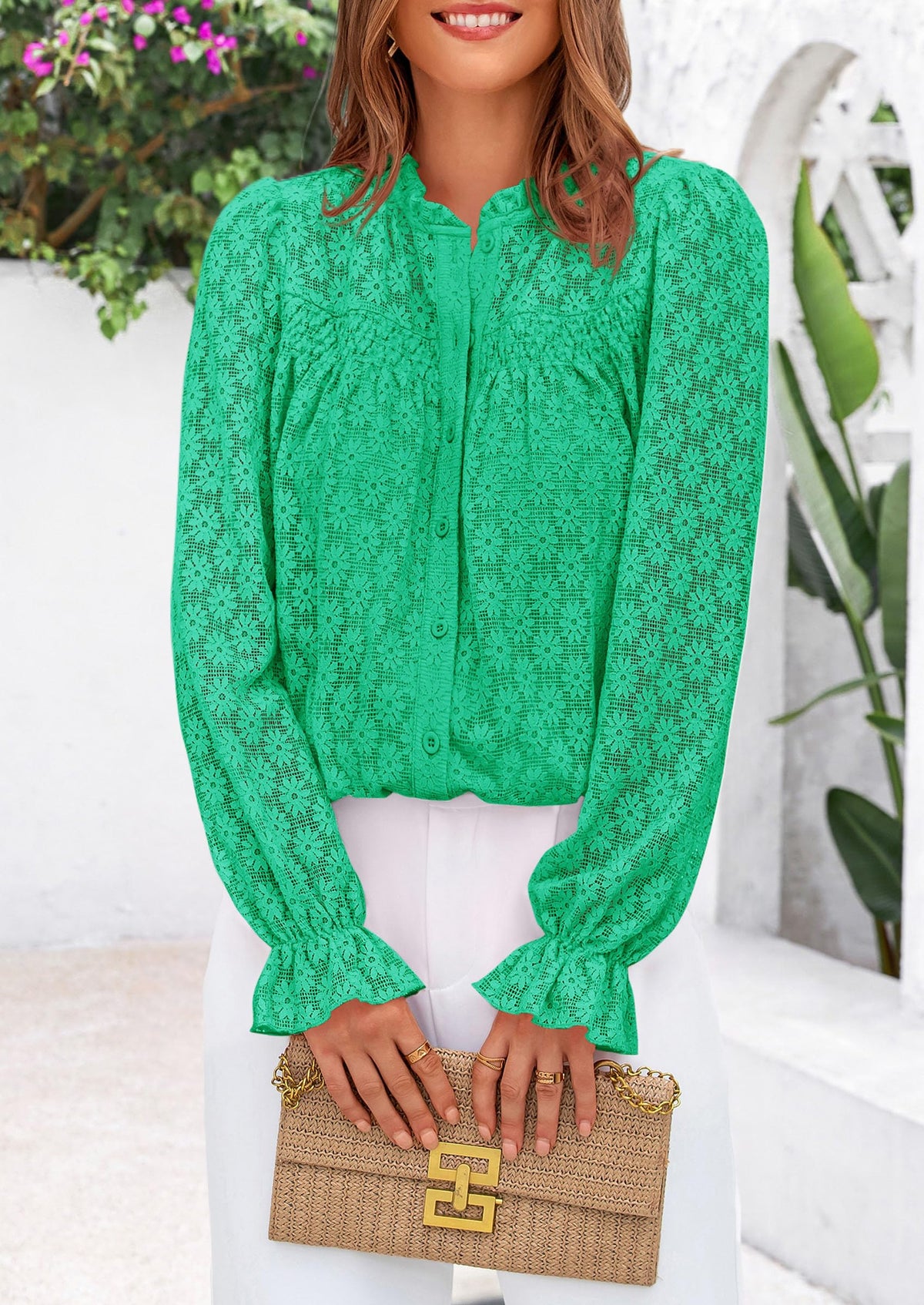 Eyelet Long Sleeve Casual Hollow Out Button Up Lace Blouse