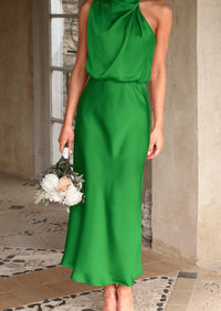 Satin sleeveless stand up collar party long dress