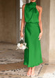 Satin sleeveless stand up collar party long dress
