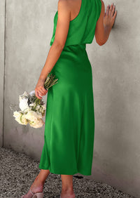 Satin sleeveless stand up collar party long dress