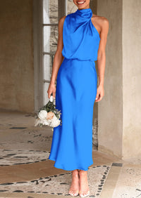 Satin sleeveless stand up collar party long dress