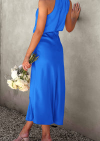 Satin sleeveless stand up collar party long dress