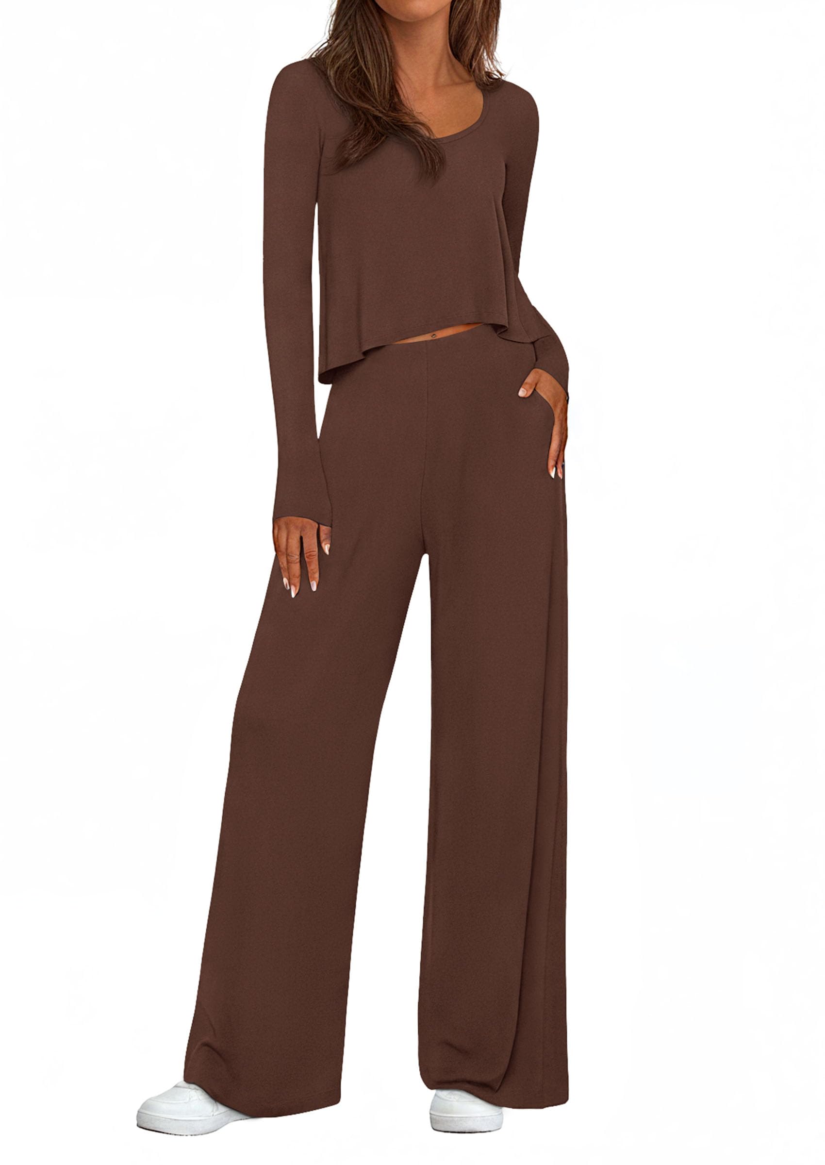 PRETTYGARDEN Women's 2 Piece Fall Sets  Casual Long Sleeve Shirts Wide Leg Pants Lounge Travel Outfits Fashion Clothing