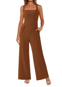 Sleeveless Dressy Square Neck Wide Leg Pants Knitted with Pockets Jumpsuits