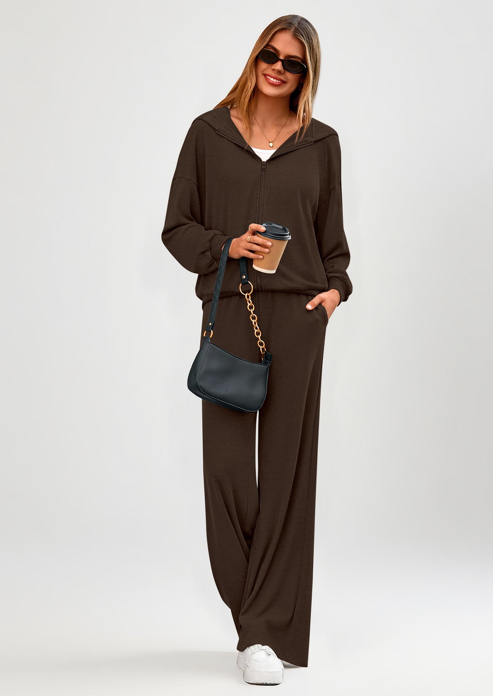 PRETTYGARDEN Women's 2 Piece Fall Lounge Sets Zip Up Hoodie Wide Leg Pants Tracksuit Matching Travel Outfits Clothes