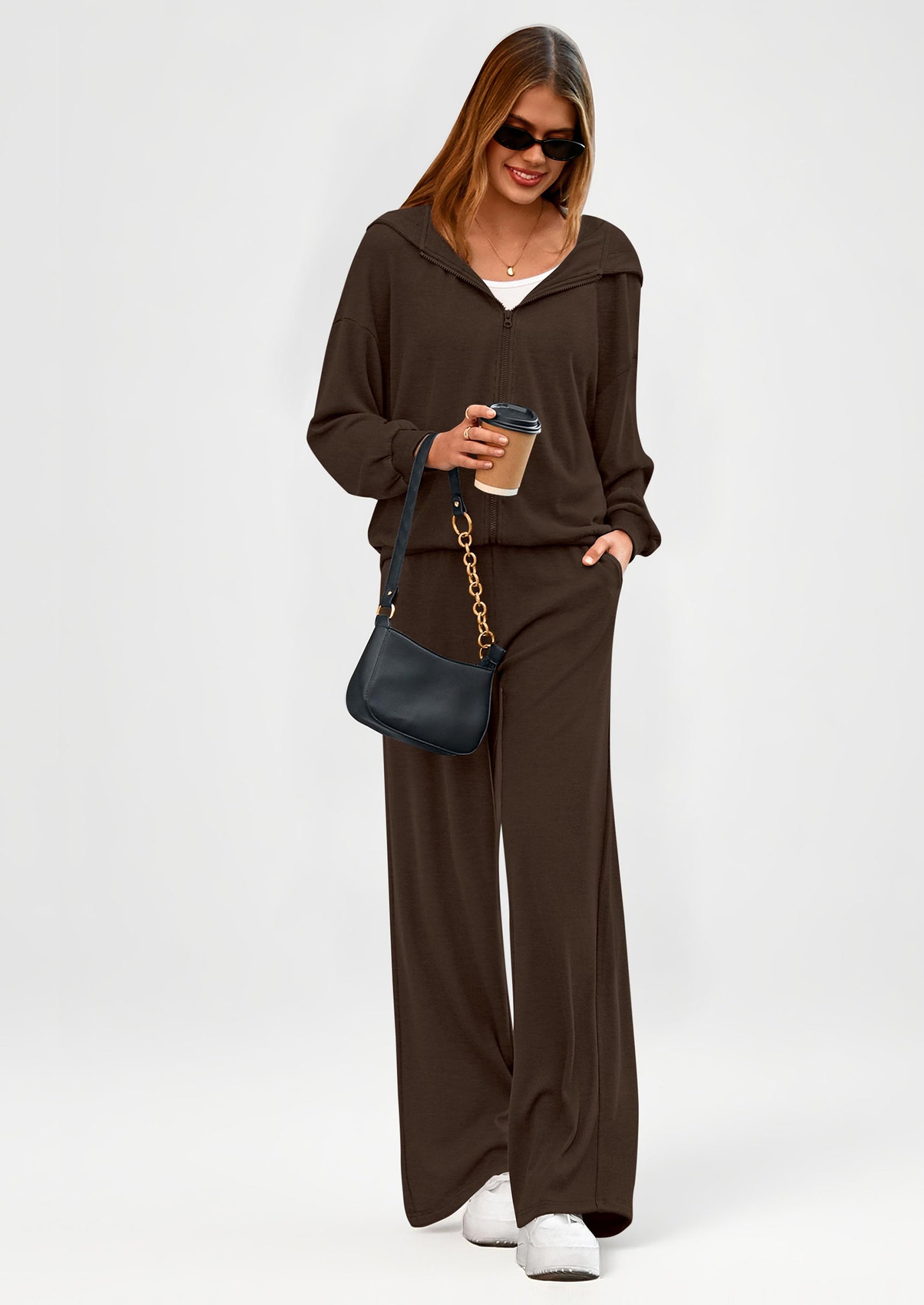 PRETTYGARDEN Women's 2 Piece Fall Lounge Sets Zip Up Hoodie Wide Leg Pants Tracksuit Matching Travel Outfits Clothes