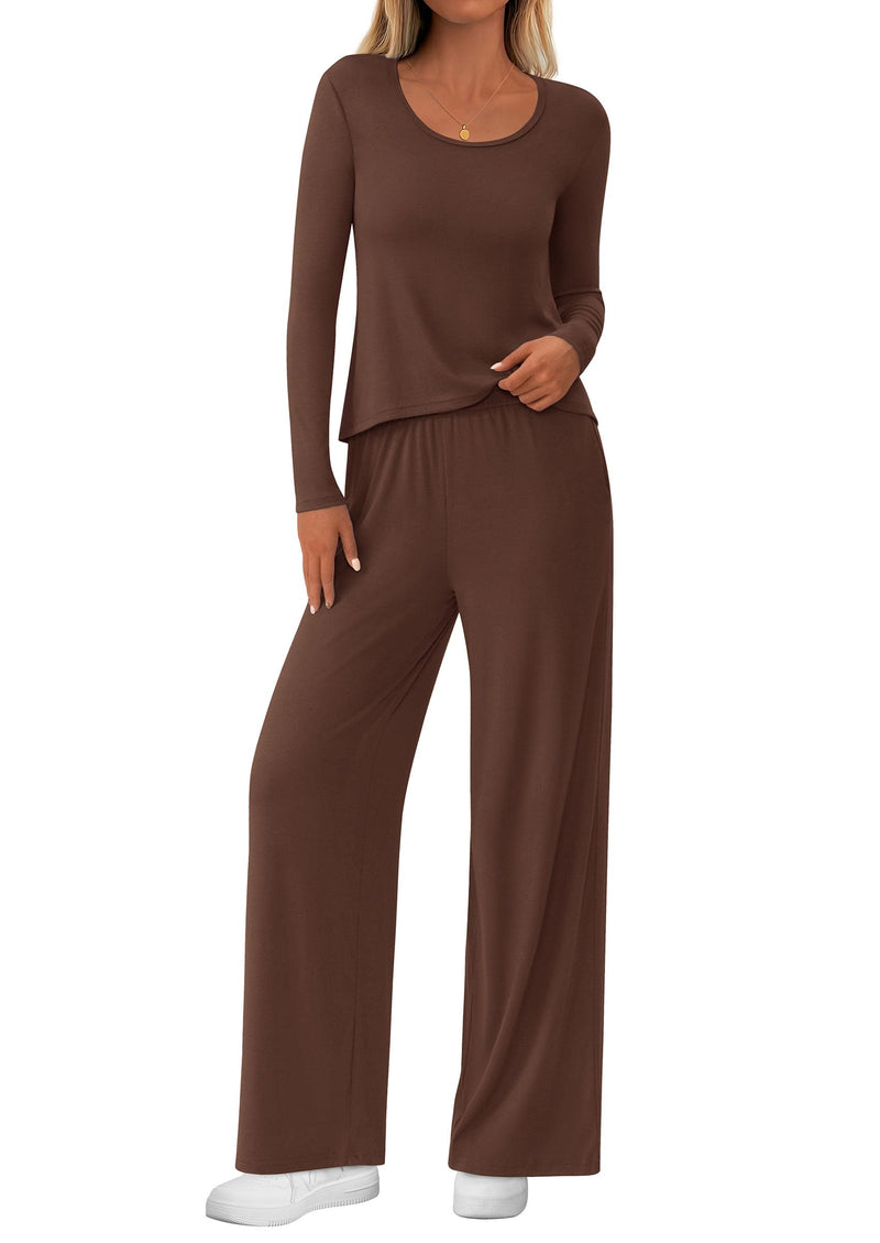 PRETTYGARDEN Women's 2 Piece Fall Sets  Casual Long Sleeve Shirts Wide Leg Pants Lounge Travel Outfits Fashion Clothing