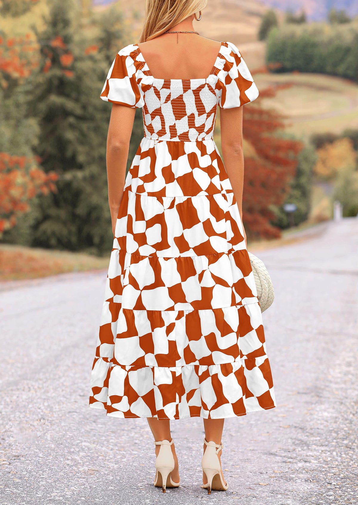 Off Shoulder Puff Sleeve Print Smocked Ruffle Beach Flowy Boho Midi Dress