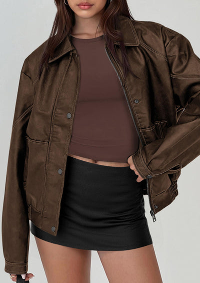 PRETTYGARDEN Faux Leather Jacket Women Bomber Motorcycle Zip Up Jackets Oversized Fall Fashion Outfits Winter Coats