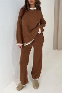 Knitted Casual Long Sleeve Pullover Wide Leg Pant 2 Piece Sets
