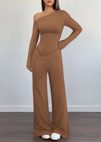 PRETTYGARDEN Casual Two Piece Sets for Women Fall Outfits Asymmetrical Off Shoulder Tops Wide Leg Pants Knit Lounge Set