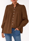 PRETTYGARDEN Womens Fall Lantern Long Sleeve Shirts Trendy Button V Neck Pleated Henley Tops Loose Work Blouses