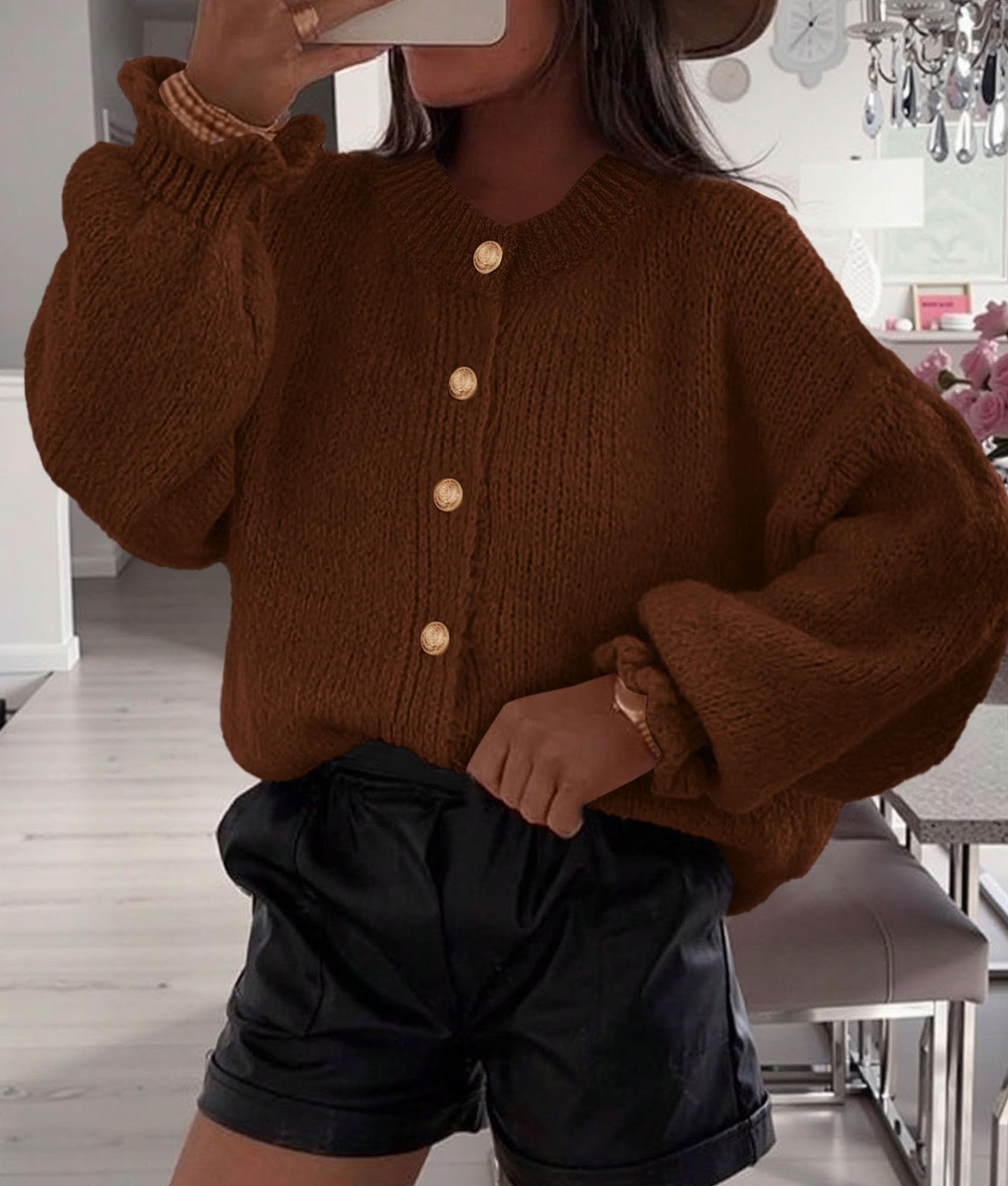 PRETTYGARDEN Womens Cropped Cardigans Trendy PRETTYGARDEN Long Sleeve Cropped Sweaters for Women Ruffle Oversized CardiganRuffle Open Front Chunky Knit Sweater Oversized Button Down Fall Clothes PRETTYGARDEN