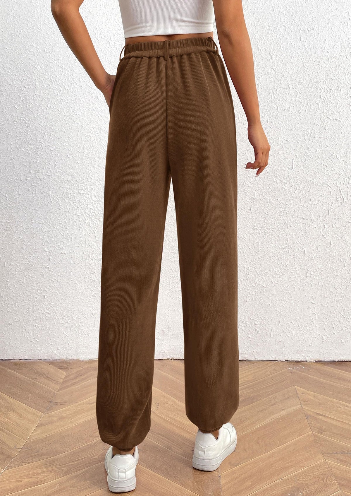 Elastic High Waisted Work Office Corduroy Casual Pants with Pockets