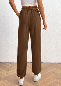 Elastic High Waisted Work Office Corduroy Casual Pants with Pockets