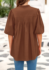 Lantern Sleeve Loose Fit Button Down Casual Pleated V Neck Blouses