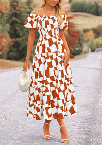 Off Shoulder Puff Sleeve Print Smocked Ruffle Beach Flowy Boho Midi Dress